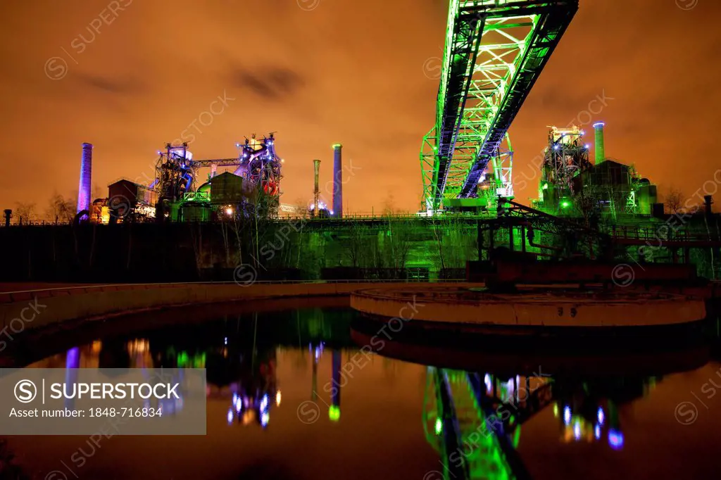 Steel works illuminated with green lighting, North Duisburg Landscape Park, Landschaftspark Nord, Duisburg, Ruhr Area, North Rhine-Westphalia, Germany...