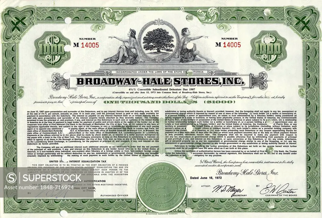 Historical share certificate, allegorical representation, supermarket chain, Hale Brothers merged with Broadway Department Stores to Broadway-Hale Sto...