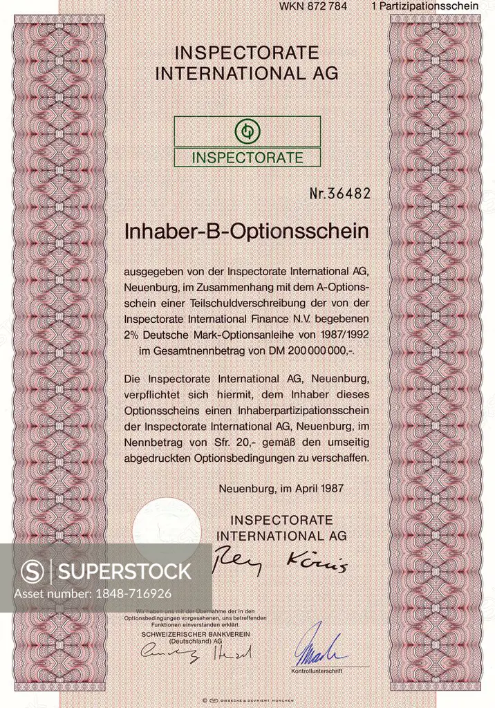 Share certificate, bearer warrant in German Marks and Swiss Francs, Company of Werner K Rey, Swiss financier, Inspectorate International AG, Neuenburg...