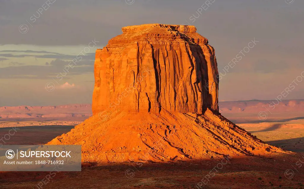 Mesa, Merrick Butte after a thunderstorm in the evening light, Monument Valley, Navajo Tribal Park, Navajo Nation Reservation, Arizona, Utah, United S...