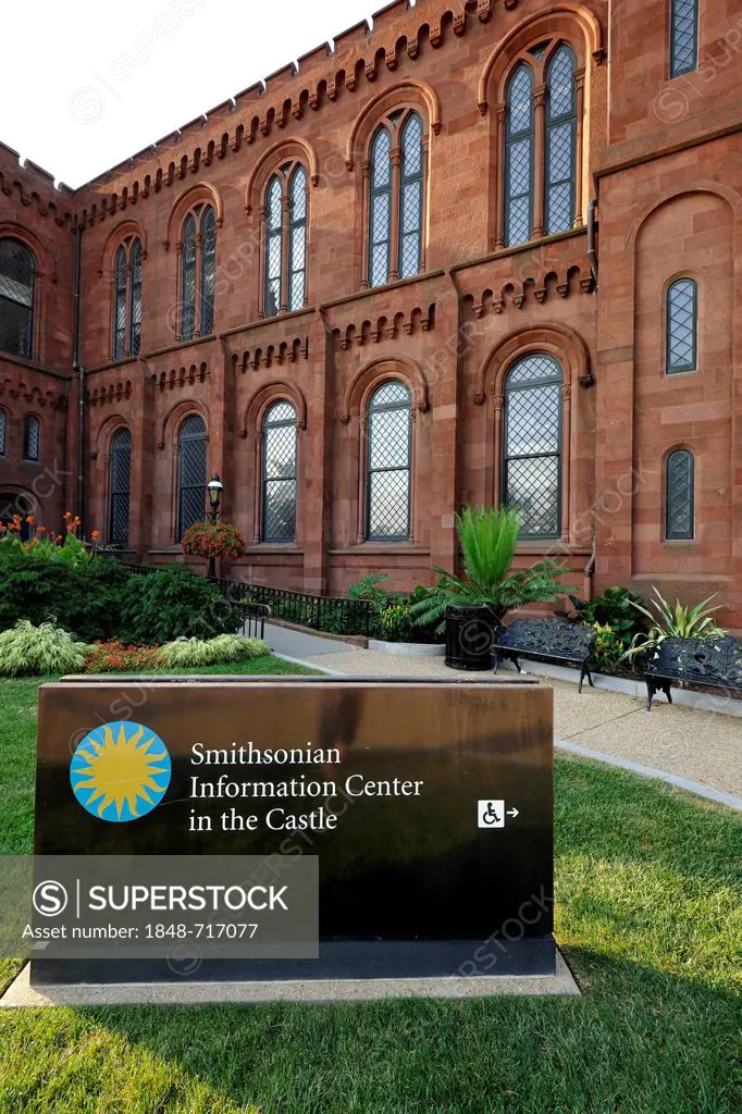 Information Center at the Smithsonian Institution Building, admin building and museum, known as the Castle, National Mall, Washington DC, District of ...