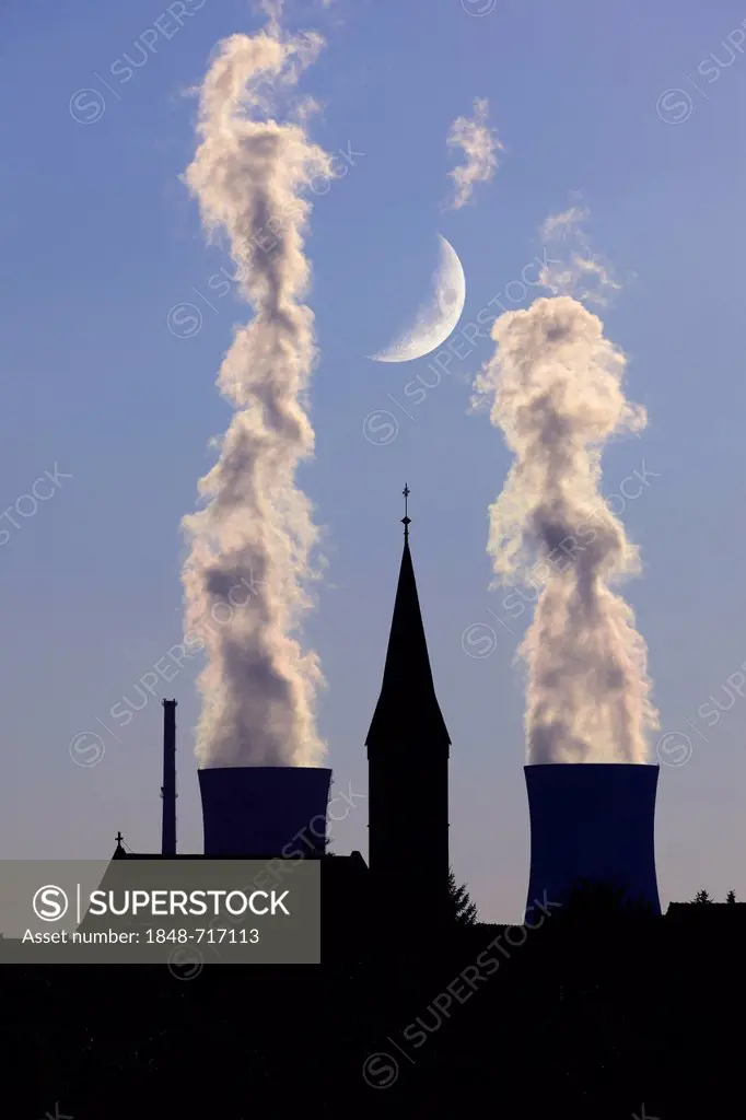 Church of Roethlein in front of Grafenrheinfeld Nuclear Power Plant and the Moon, Lower Franconia, Bavaria, Germany, Europe, composing