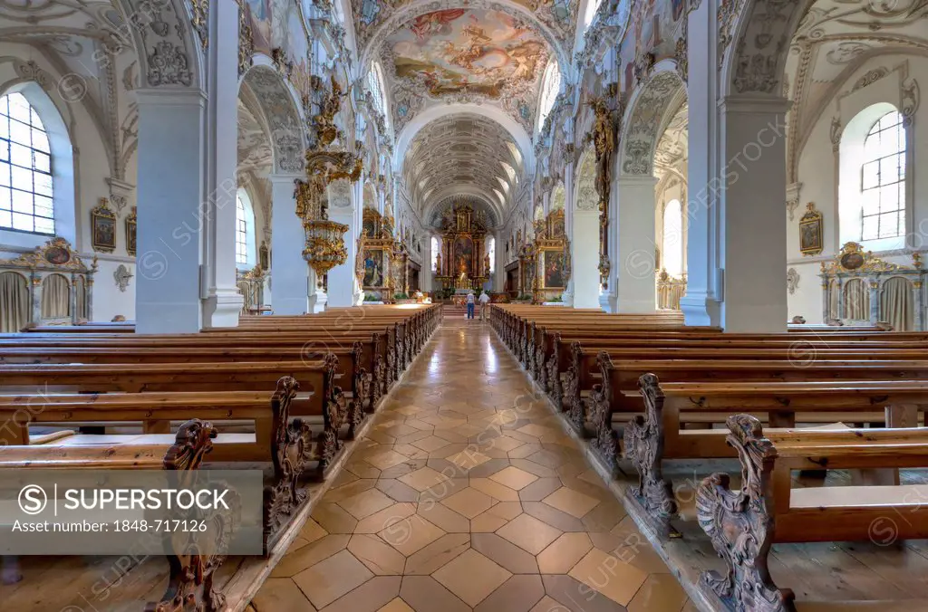 Interior view of the magnificent parish church of St. John the Baptist, old Premonstratensian abbey church, Steingaden, Upper Bavaria, Bavaria, German...