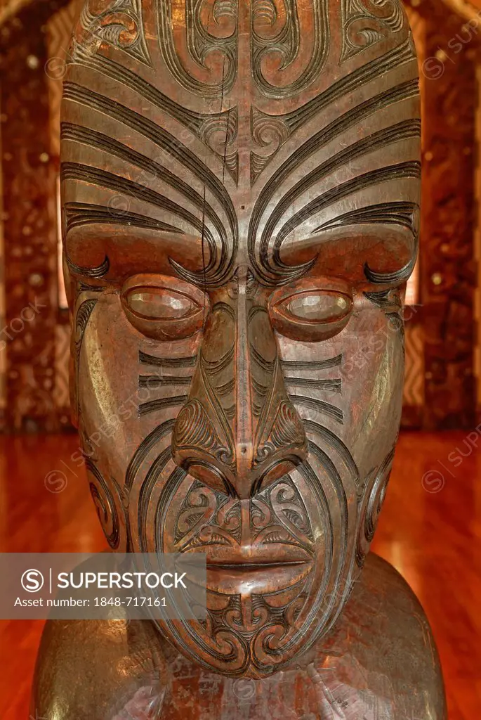 Maori carving, head with tattoo lines, Maori Meeting House, Waitangi Treaty Grounds, Waitangi, North Island, New Zealand