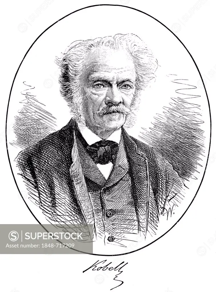 Historical pressure, 1875, portrait of Franz Ritter von Kobell, 1803 - 1882, German mineralogist and writer, from the Illustrated History of German Na...