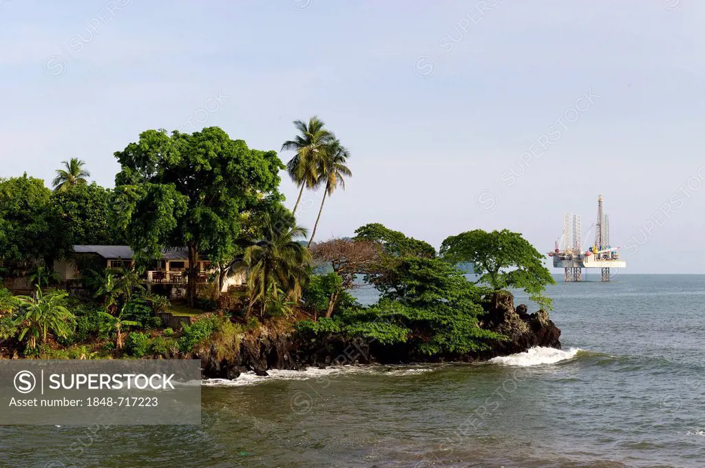 Coast in front of an oil rig, Limbe, Cameroon, Africa