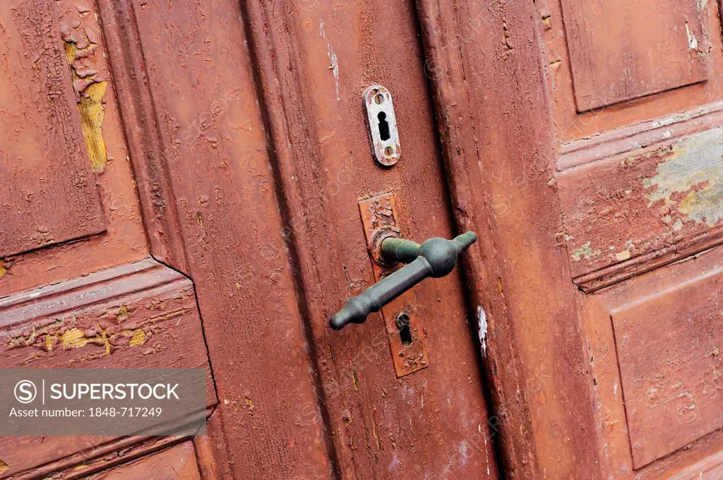 Old weathered wooden front door with peeling paint, Briedern, Rhineland-Palatinate, Germany, Europe, PublicGround