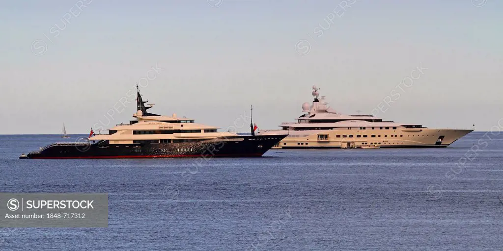 Motor yachts, Alfa Nero, built by Oceanco, length 82 metres, built in 2007, and Pelorus, built by Luerssen Yachts, length 115 metres, built in 2003, o...
