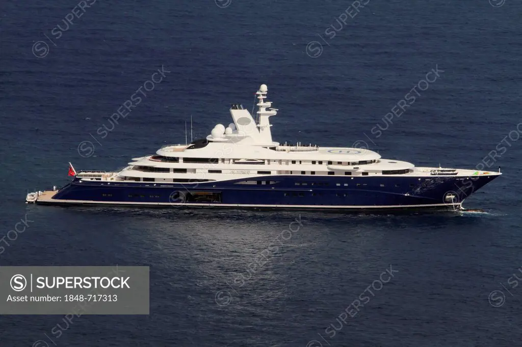 Motor yacht, Al Mirqab, built by Peters Schiffbau GmbH, length 133 metres, built in 2008, off Monaco, Côte d'Azur, Mediterranean, Europe