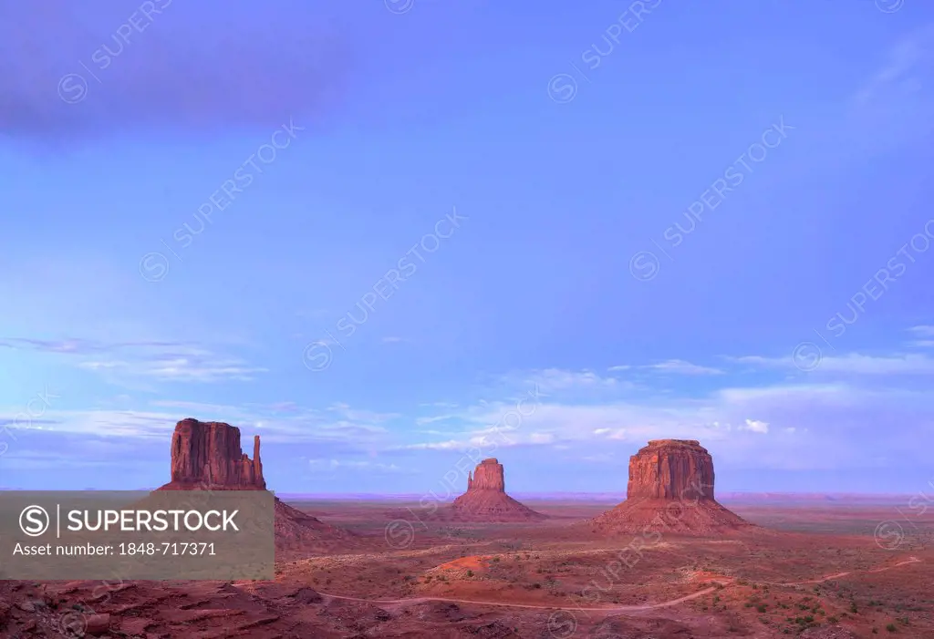 Mesas, West Mitten Butte, East Mitten Butte, Merrick Butte and Scenic Drive at dusk, Monument Valley, Navajo Tribal Park, Navajo Nation Reservation, A...