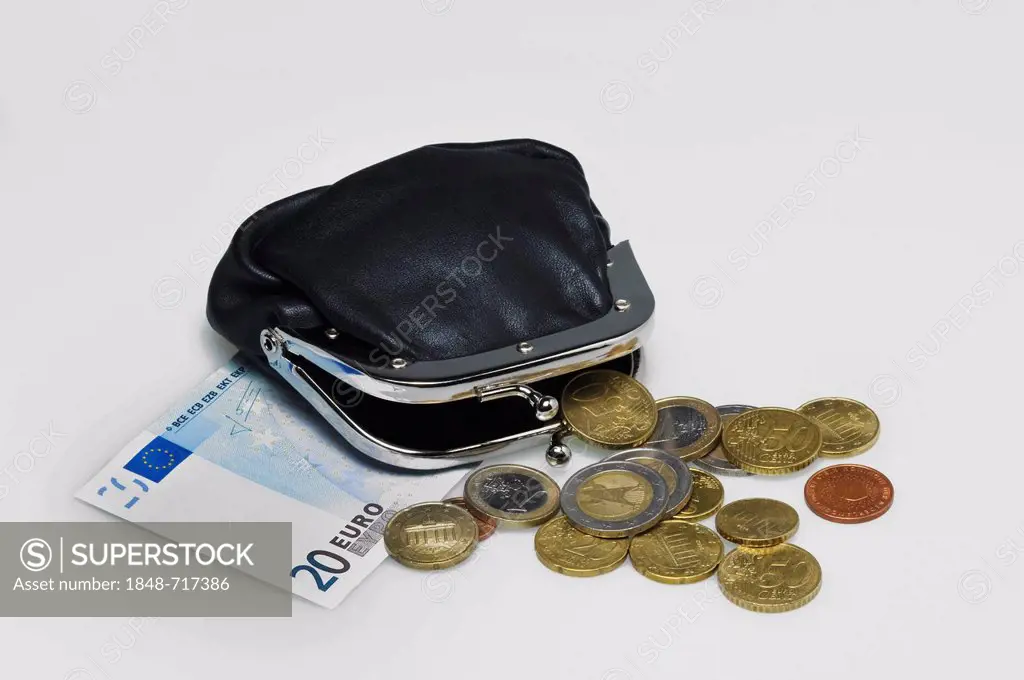Black purse with clip, 20 Euro banknote and Euro coins