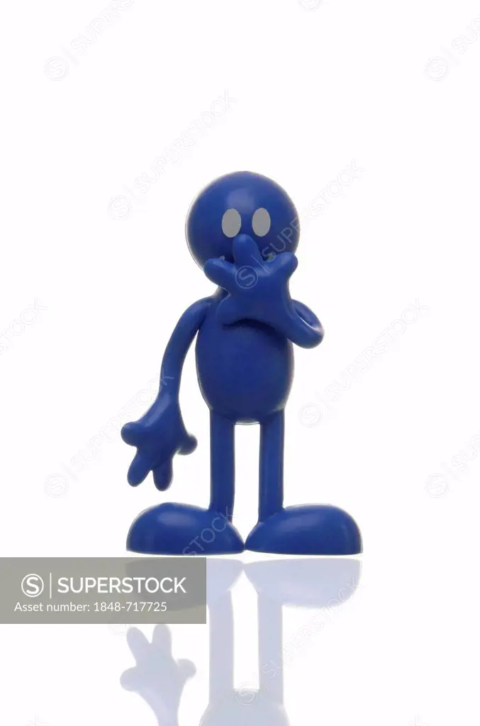 Blue figure holding its hand over its mouth, silent, saying nothing
