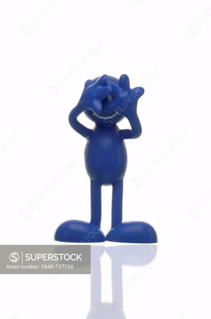 Blue figure holding its hands in front of its eyes, blind, seeing nothing