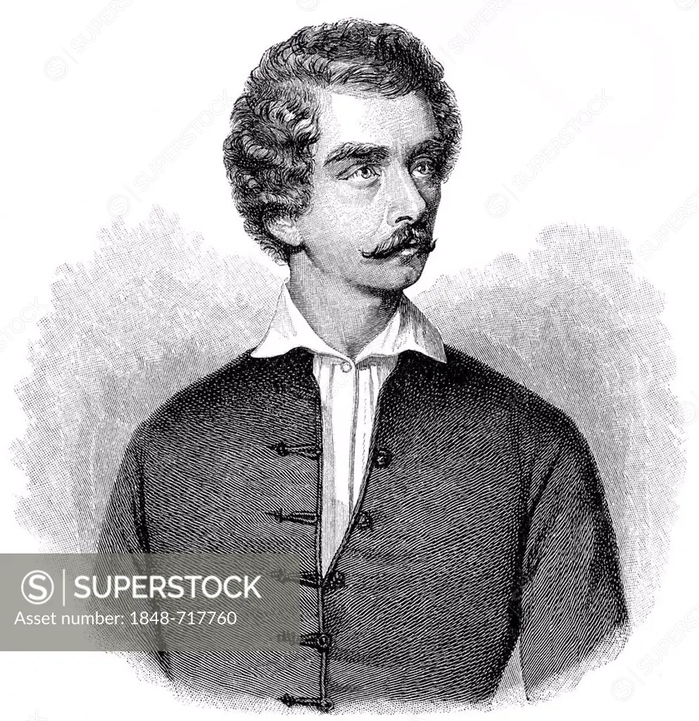 Historical illustration from the 19th century, portrait of Sándor Petofi or Alexander Petrovics, 1823 - 1849, a Hungarian poet and national hero of th...