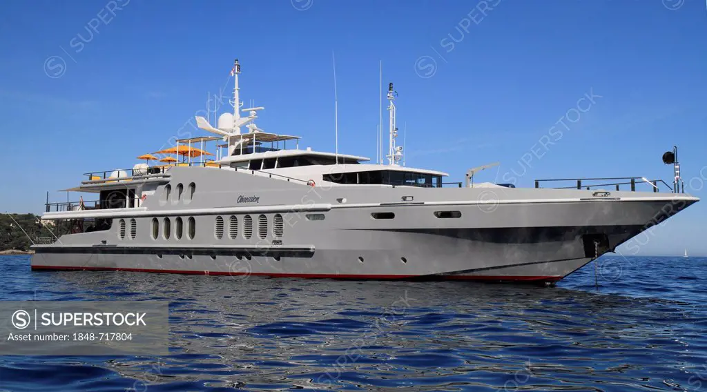 Motor yacht, Obsession, built by Oceanfast, length 55 metres, built in 1991, anchored off Monaco, Cote d'Azur, Mediterranean, Europe