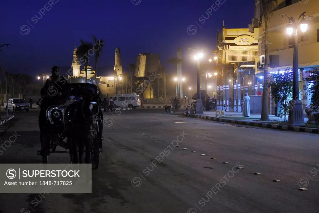 Horse-drawn carriage in the town of Luxor at night, Nile Valley, Egypt, Africa