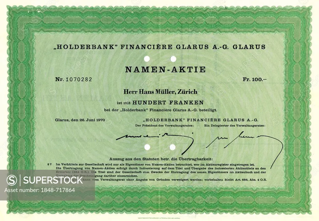 Share certificate, share for 100 Swiss Francs, Holding, Holderbank Financiere Glarus A.-G., Zurich, 1970, Switzerland, Europe
