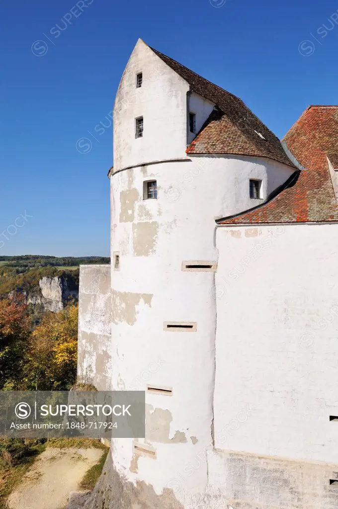 Western defence tower of the medieval Burg Wildenstein Castle in the Upper Danube Valley near Leibertingen, Sigmaringen district, Baden-Wuerttemberg, ...