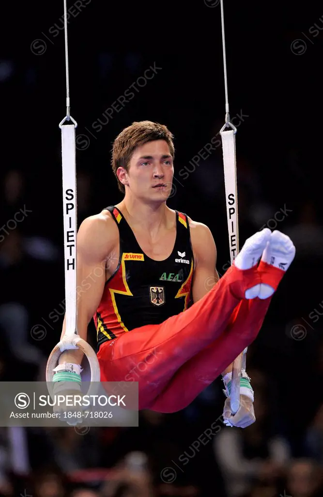 Philip Boy, GER, performing on still rings, EnBW Gymnastics World Cup, 11 to 13 Nov 2011, 29th DTB Cup, Porsche-Arena, Stuttgart, Baden-Wuerttemberg, ...