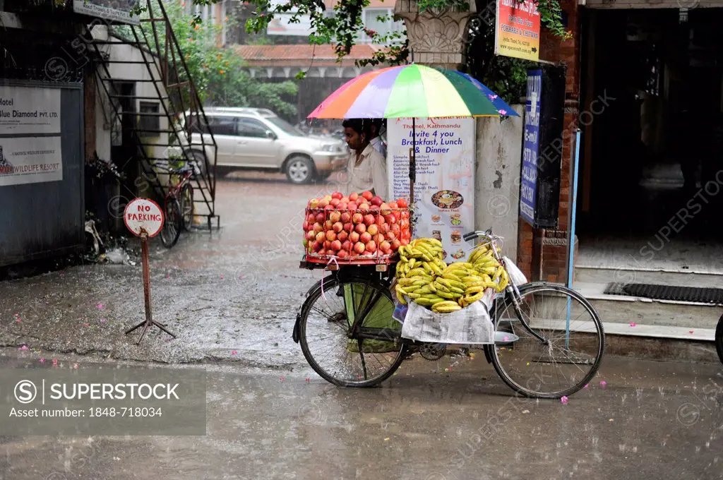 Mobile apple and banana stand during monsoon rain in the tourist district of Thamel, Kathmandu, Bagmati, Nepal, South Asia, Asia