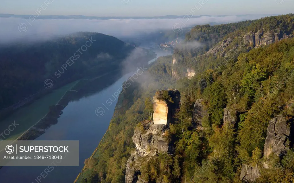 View from the Bastei rock formation of Elbe river and Elbtal valley, Saxon Switzerland, Saxony, Germany, Europe