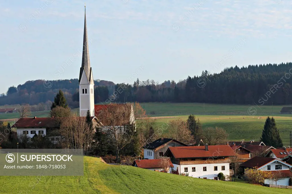St. Johann Church and the village of Mauerkirchen, Chiemgau, Upper Bavaria, Germany, Europe
