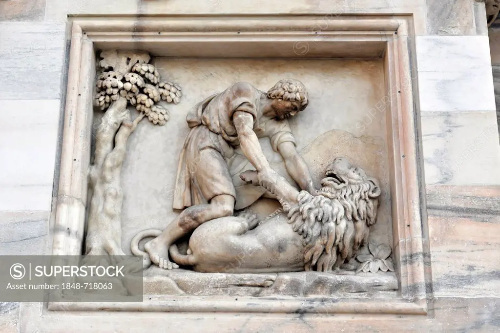 Relief on the facade of Milan Cathedral, Duomo di Milano, construction begin 1386, completion 1858, Milan, Milano, Lombardy, Italy, Europe, PublicGrou...