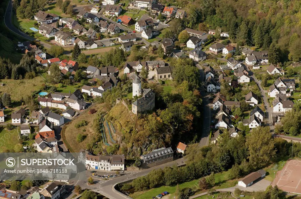 Aerial view, Kreuzberg castle, Altenahr and the Ahrtal valley, Altenahr, Eifel mountain range, Rhineland-Palatinate, Germany, Europe