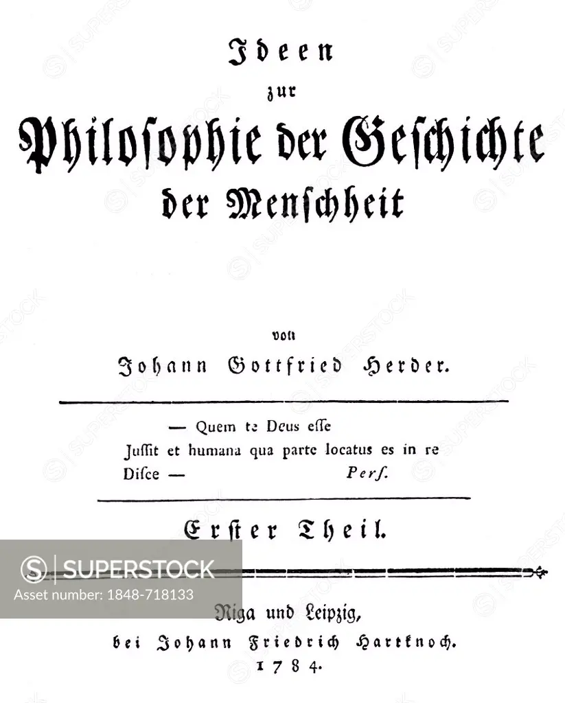 Historic print, 1773, title page of Ideen by Johann Gottfried von Herder, 1744 - 1803, a German poet, translator, theologian and philosopher, from Bil...
