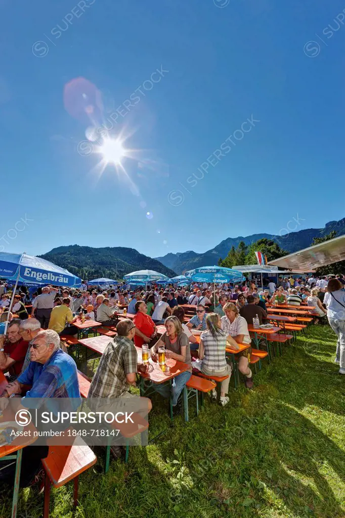 Beer garden, outdoors, festival ground, Viehscheid festival, ceremonial driving down of cattle from the mountain pastures, Pfronten, Ostallgaeu distri...