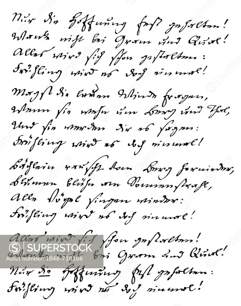 Historical manuscript, poem by August Heinrich Hoffmann or Hoffmann von Fallersleben, 1798 - 1874, a German university teacher in Germanic, poet, coll...