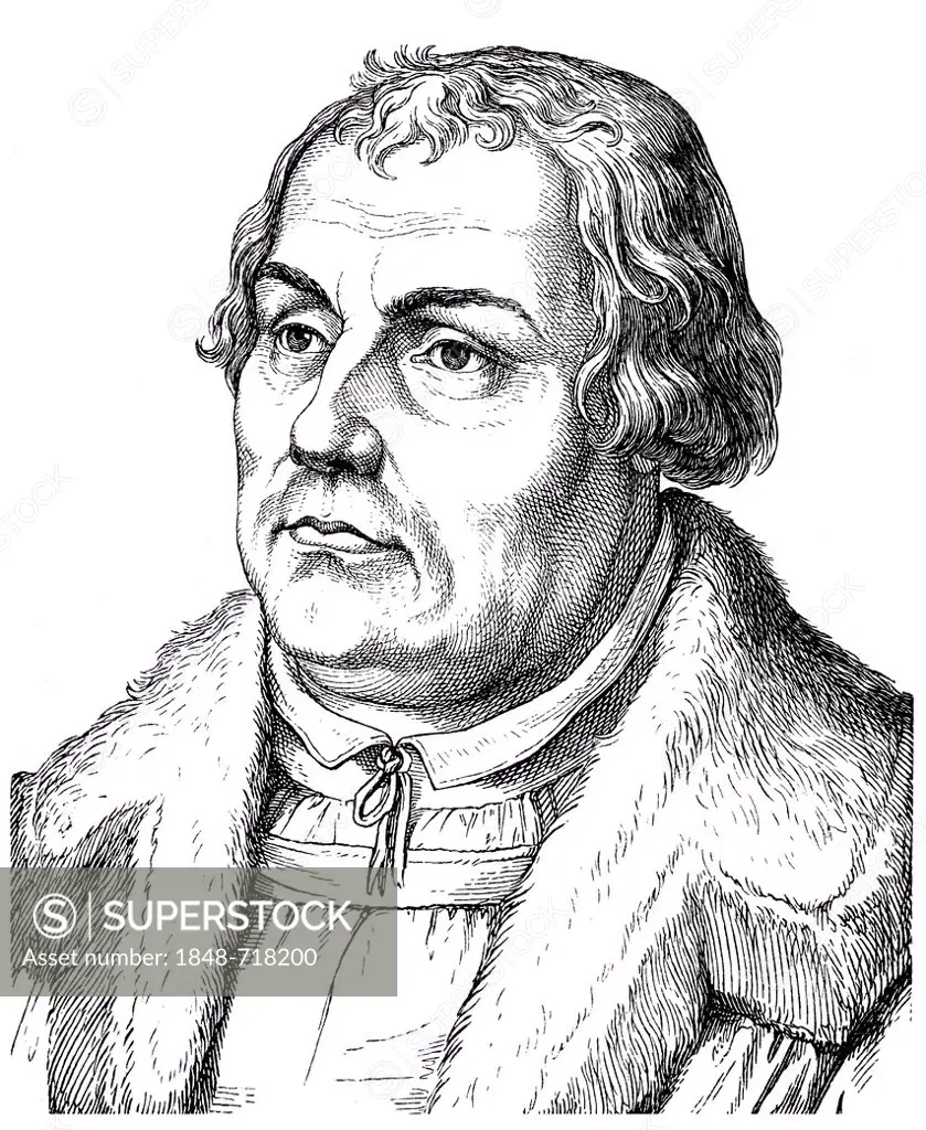 Historical drawing from the 19th Century, portrait of Martin Luther, 1483 - 1546, theologian and reformer