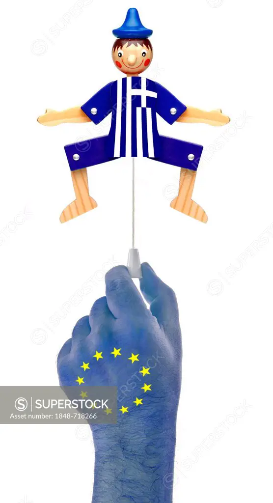 Hand with European stars pulling the rope of a jumping jack in Greek national colors, symbolic image