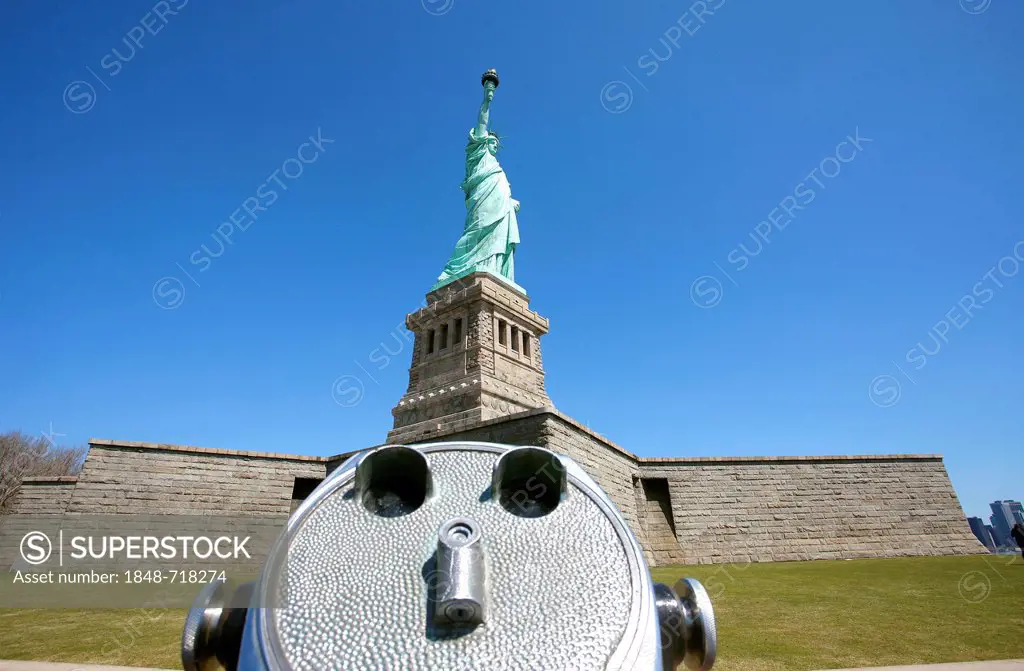 Statue of Liberty with a coin-telescope, Liberty Island, New York City, New York, United States, North America