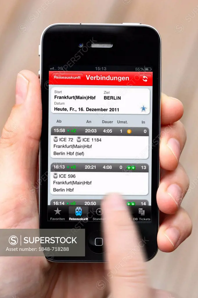 Iphone, smartphone, app on the screen, travel information of Deutsche Bahn, the German national railway company