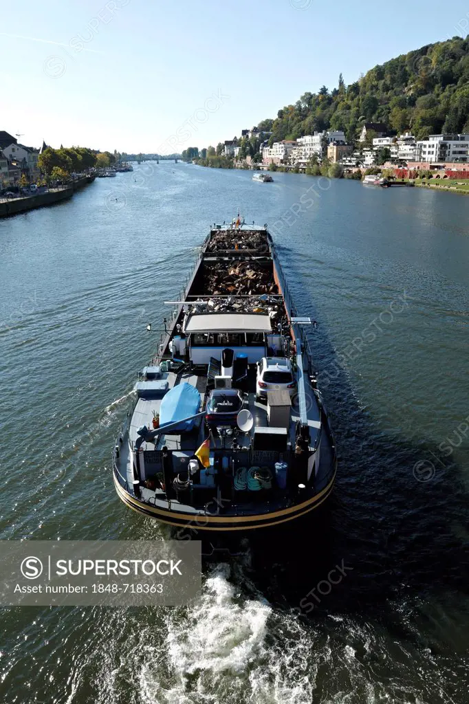Boat transporting commercial waste on the Neckar River, Heidelberg, Baden-Wuerttemberg, Germany, Europe