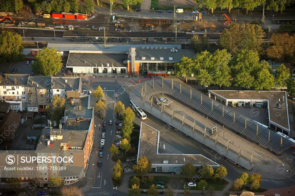 Aerial view, bus station at Recklinghausen central station, Ruhr Area, North Rhine-Westphalia, Germany, Europe