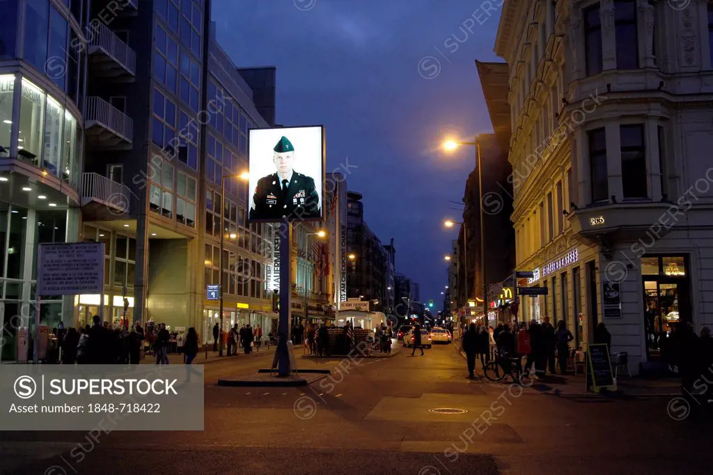 Checkpoint Charlie at night, Berlin, Germany, Europe