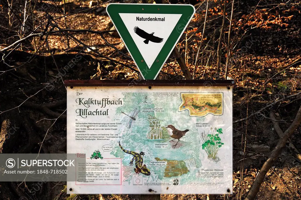 Information board about the Kalktuffbach creek and the animals living in the Lillingquelle conservation area, Dorfhaus, Upper Franconia, Bavaria, Germ...