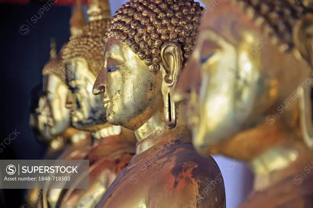 Gilded Buddha statues, Bhumispara-mudra, Gautama Buddha at the moment of enlightenment, Wat Pho, Bangkok, Thailand, Asia, PublicGround