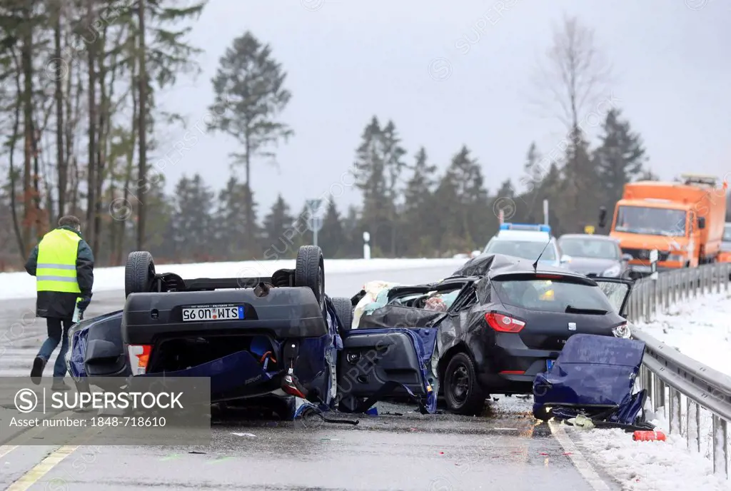 Two totally destroyed cars after a fatal accident on a federal highway, Bundesstrasse 327, during icy road conditions, Buchholz, Rhineland-Palatinate,...