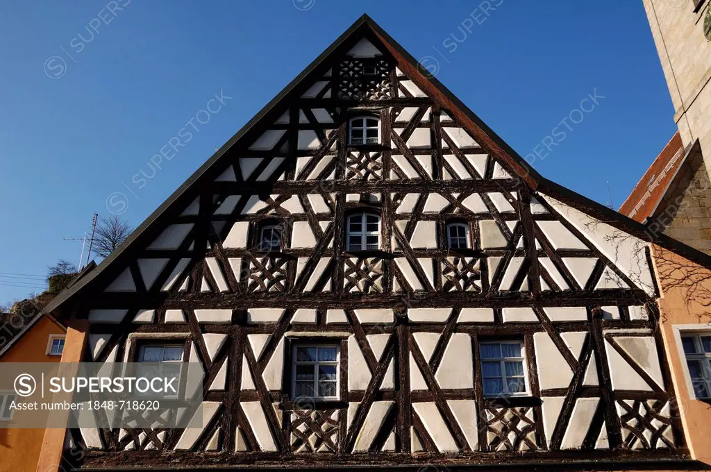 Gable of a medieval, Franconian half-timbered house, main street, Betzenstein, Upper Franconia, Bavaria, Germany, Europe