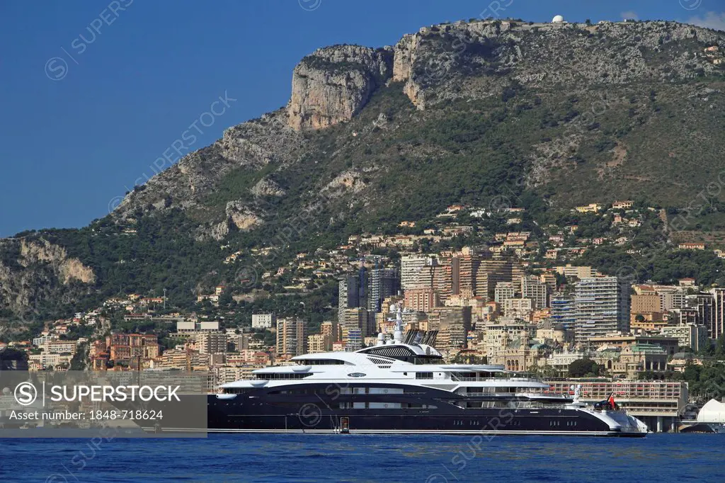 Motoryacht Serene, 133.9m, built in 2011 by yacht builder Fincantieri Yachts and owned by Yuri Scheffler, off Monaco, Côte d'Azur, Mediterranean, Euro...