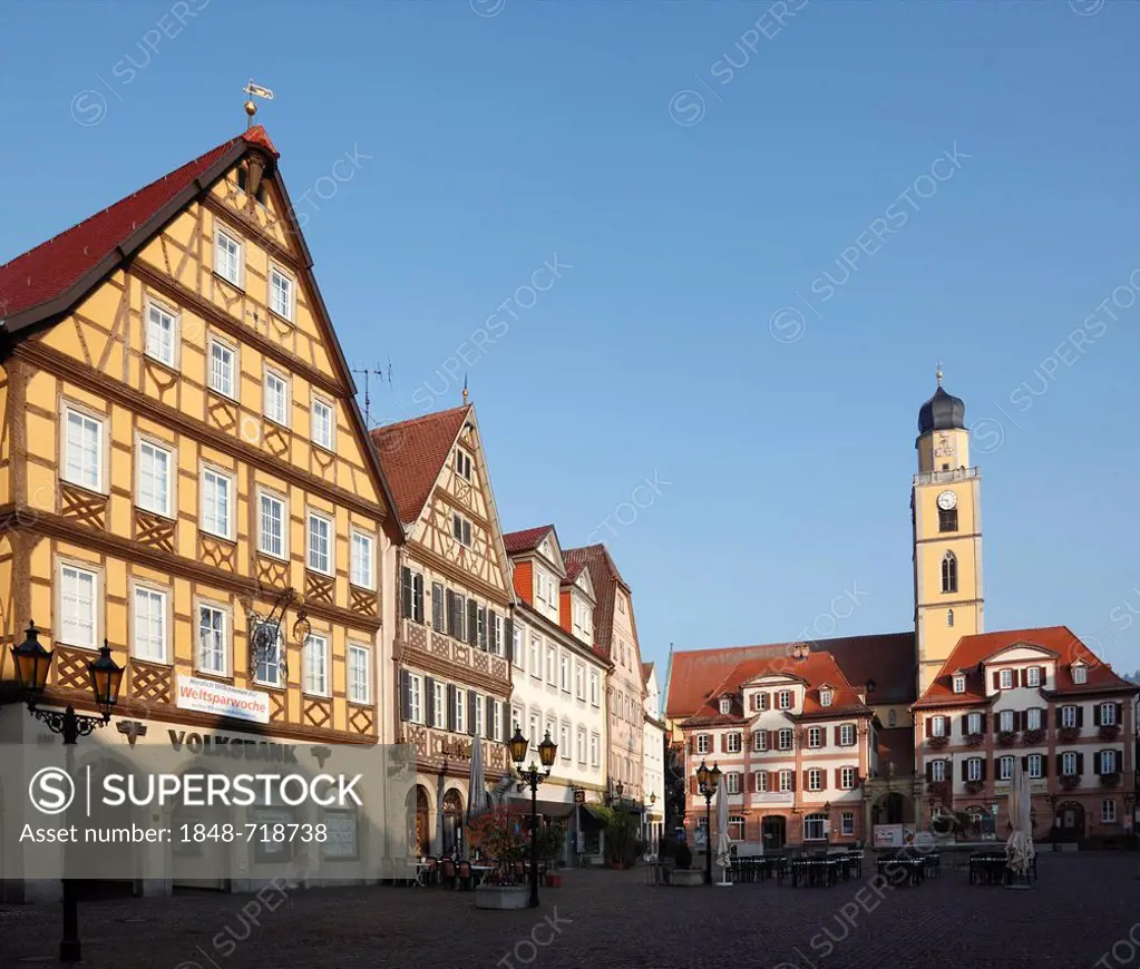 Market square with twin houses and the tower of the minster St. Johannes Baptist, St. John Baptist, Bad Mergentheim an der Tauber, Hohenlohe district,...