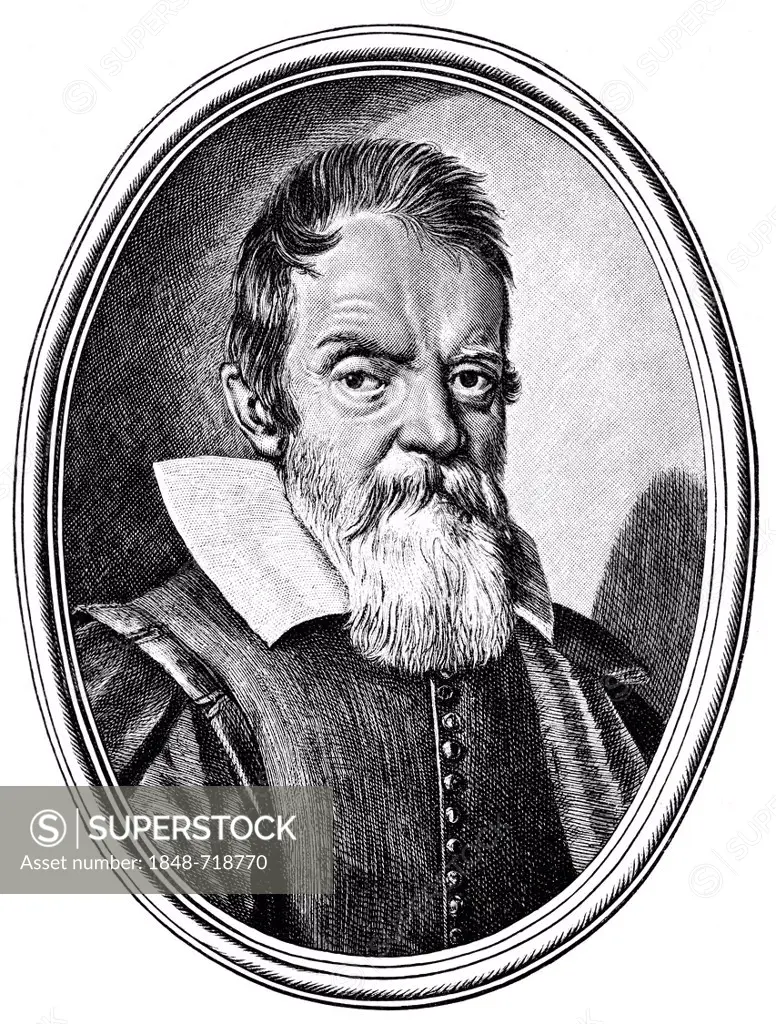 Historical illustration from the 19th century, portrait of Galileo Galilei, 1564 - 1642, an Italian philosopher, mathematician, physicist and astronom...
