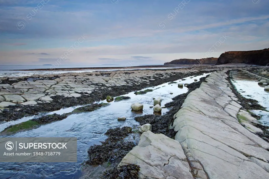 View of Kilve Beach on the Bristol Channel Coast of Somerset, looking northeast on a late winter evening, Somerset, England, United Kingdom, Europe