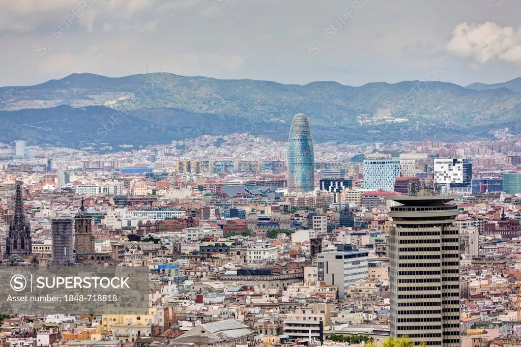 Views over Barcelona with Torre Agbar, a 142m high skyscraper, architect Jean Nouvel, Barcelona, Catalonia, Spain, Europe, PublicGround