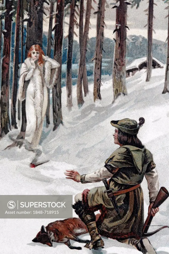 Hunter with a crossbow encountering a mysterious white woman in a snow-covered forest, historical postcard, circa 1900
