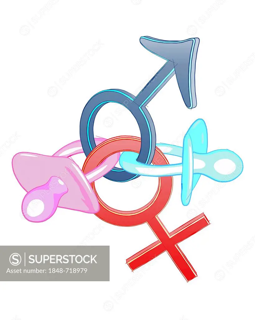Pacifiers on a Mars and a Venus symbol, illustration, symbolic image for a family with children