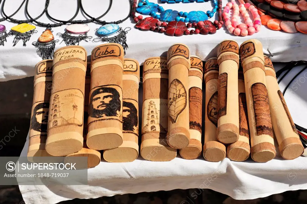 Cigar boxes, tubes, containers for cigards, souvenirs, market stall, Trinidad, Cuba, Greater Antilles, Caribbean, America